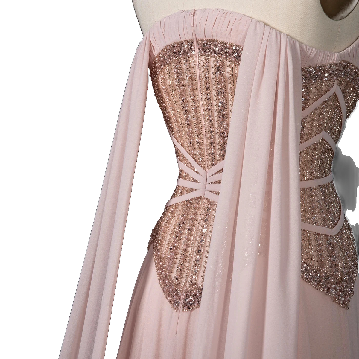 The Lulu – pink pearl beaded cape sleeve A-line evening gown | Riviera Couture