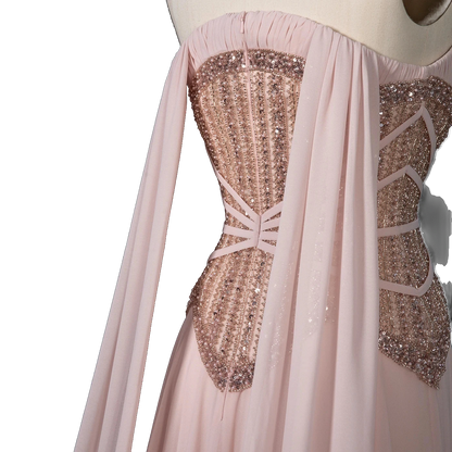 The Lulu – pink pearl beaded cape sleeve A-line evening gown | Riviera Couture