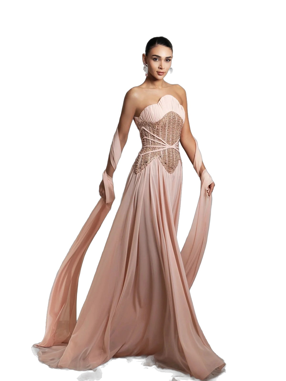 The Lulu – pink pearl beaded cape sleeve A-line evening gown | Riviera Couture