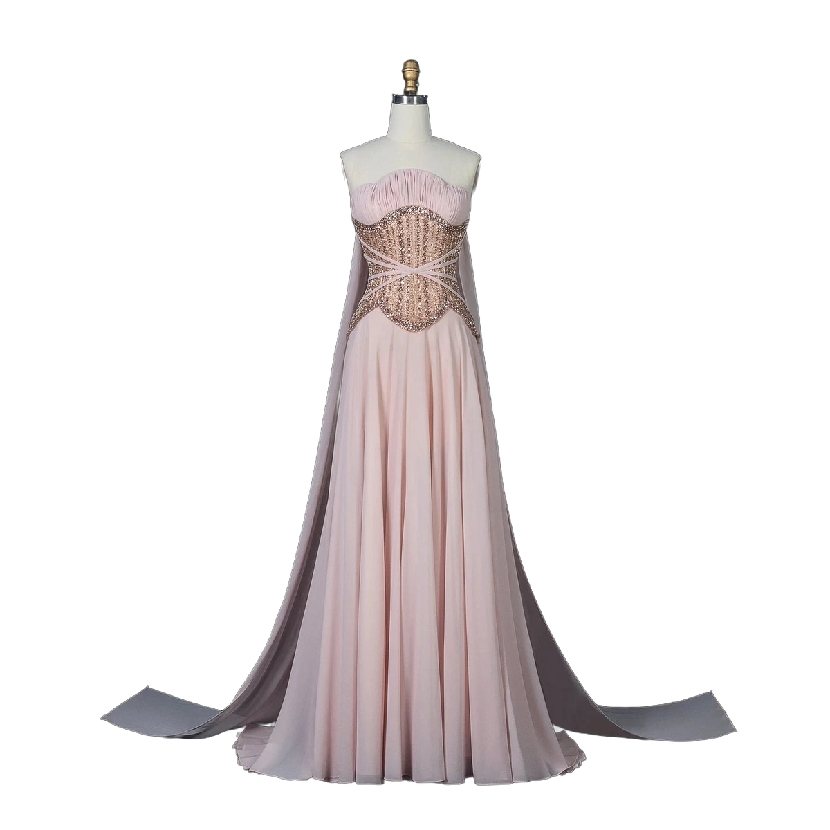 The Lulu – pink pearl beaded cape sleeve A-line evening gown | Riviera Couture