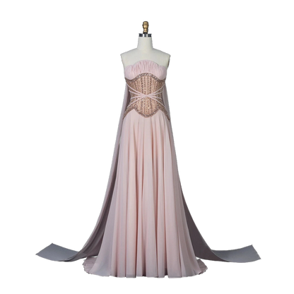 The Lulu – pink pearl beaded cape sleeve A-line evening gown | Riviera Couture