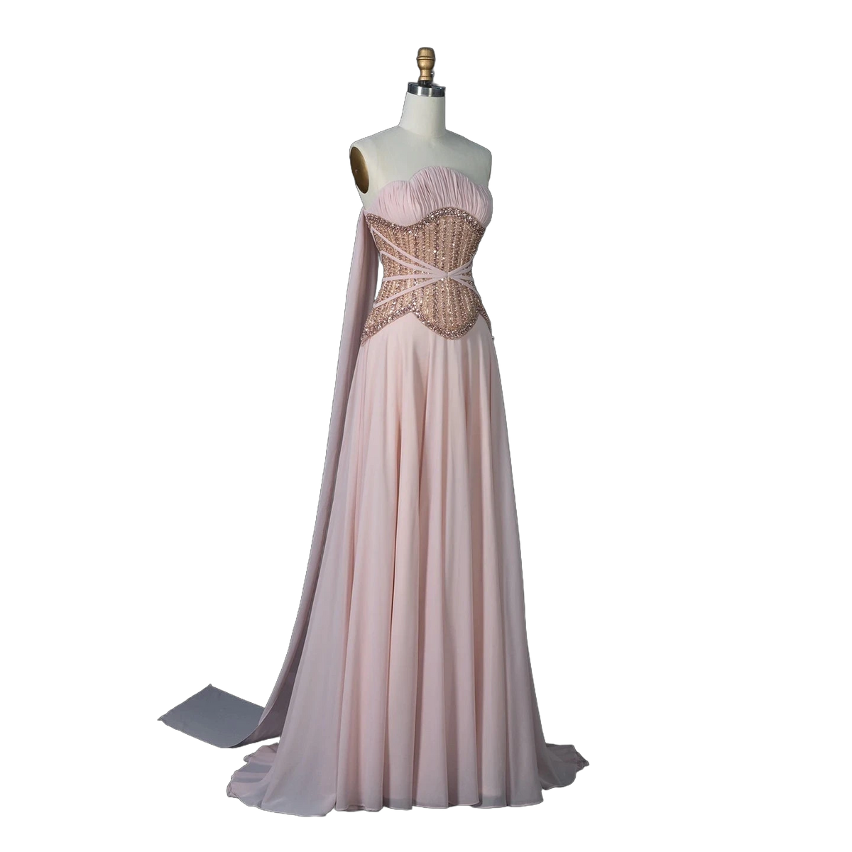 The Lulu – pink pearl beaded cape sleeve A-line evening gown | Riviera Couture