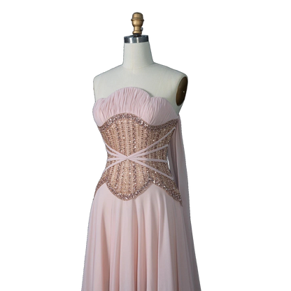 The Lulu – pink pearl beaded cape sleeve A-line evening gown | Riviera Couture