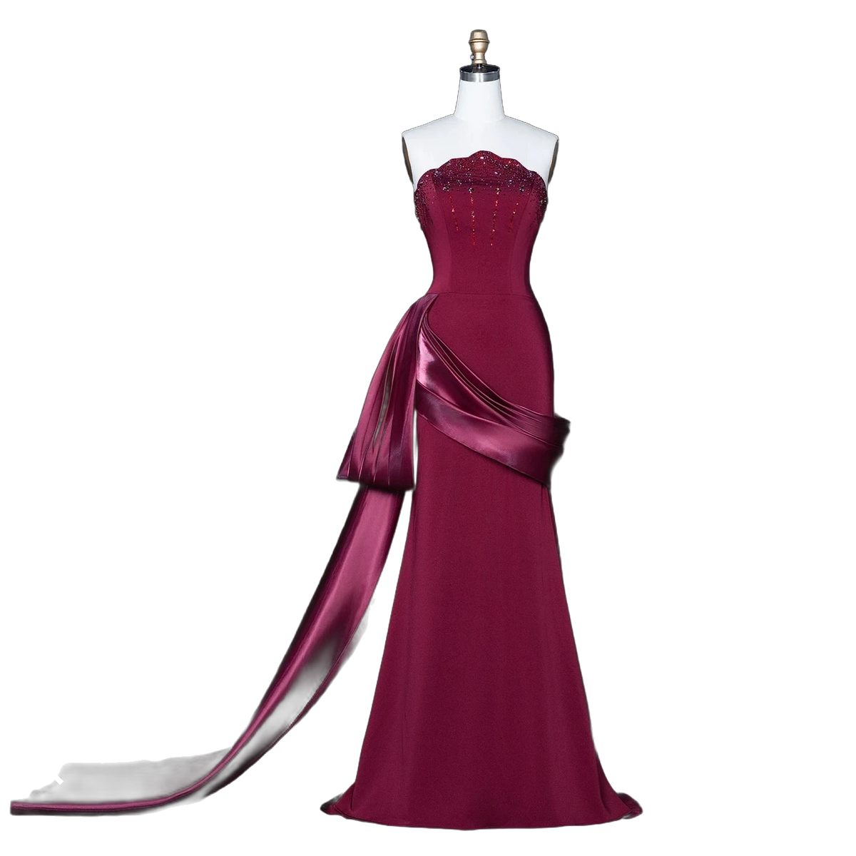 The Jawaher – wine red beaded evening gown with gloves and train | Riviera Couture