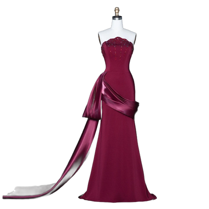 The Jawaher – wine red beaded evening gown with gloves and train | Riviera Couture