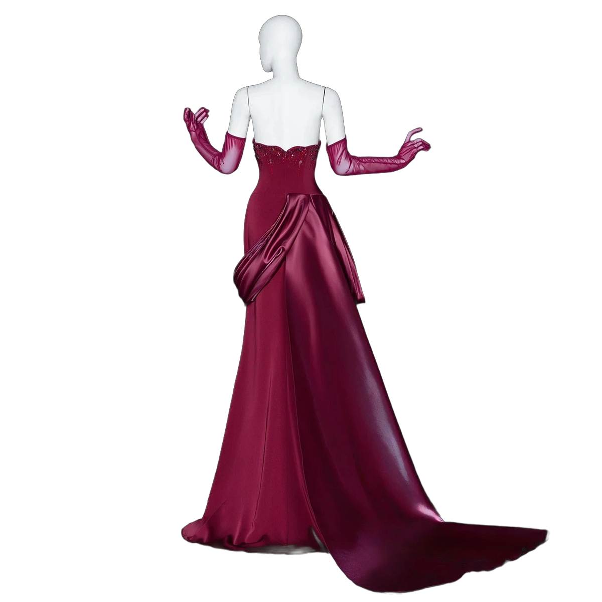 The Jawaher – wine red beaded evening gown with gloves and train | Riviera Couture