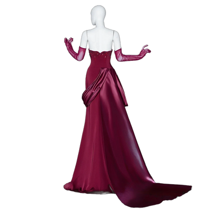 The Jawaher – wine red beaded evening gown with gloves and train | Riviera Couture
