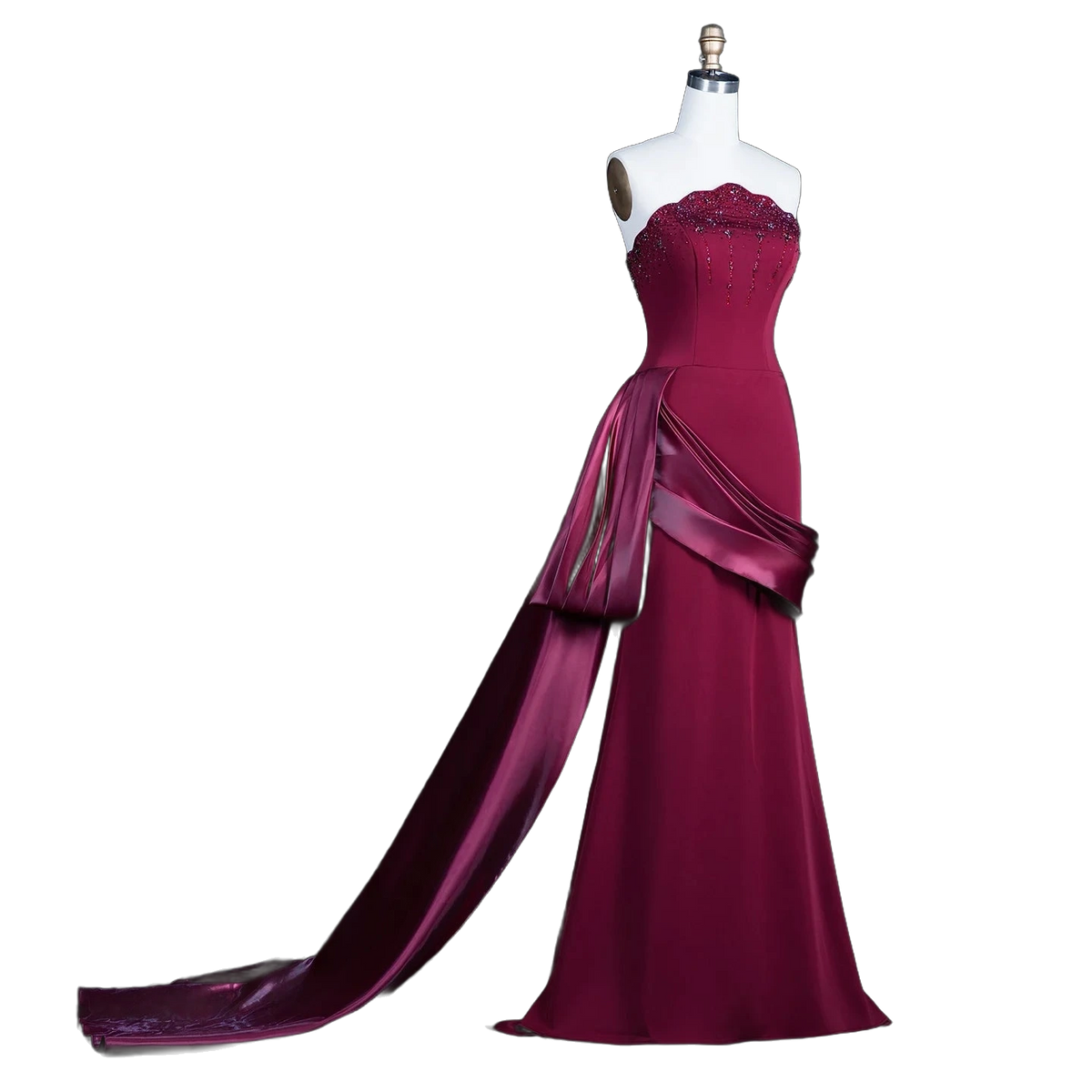 The Jawaher – wine red beaded evening gown with gloves and train | Riviera Couture