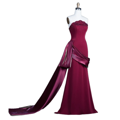 The Jawaher – wine red beaded evening gown with gloves and train | Riviera Couture