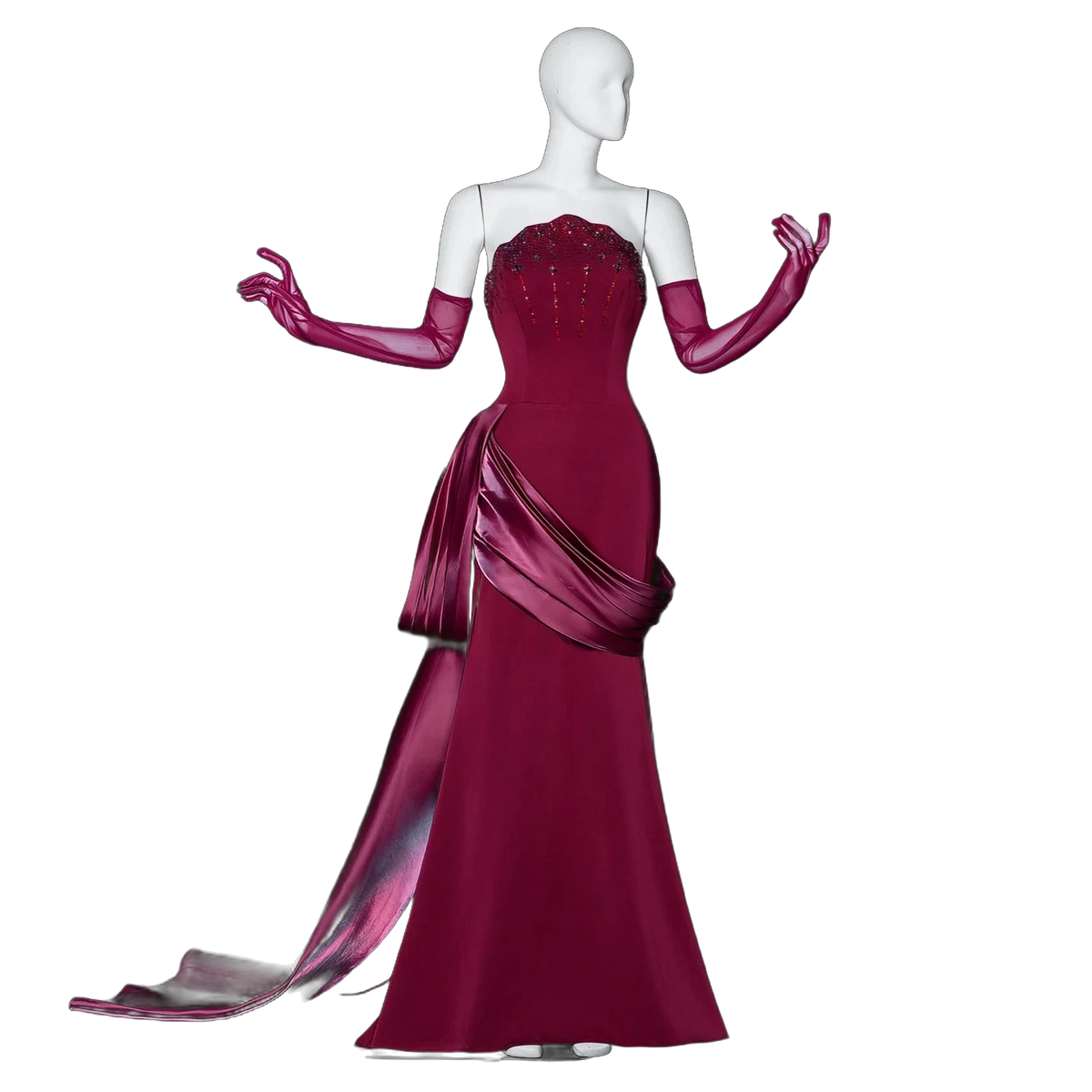 The Jawaher – wine red beaded evening gown with gloves and train | Riviera Couture