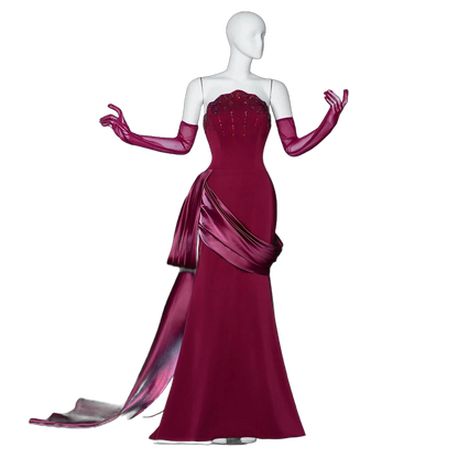 The Jawaher – wine red beaded evening gown with gloves and train | Riviera Couture