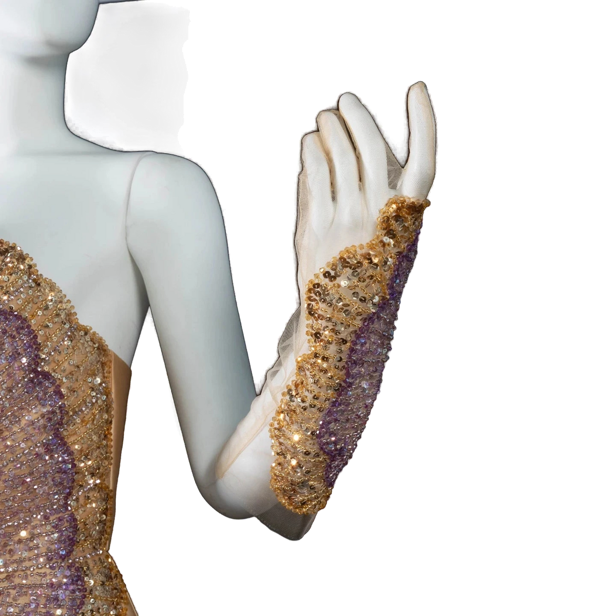 The Asala – gold sequin strapless A-line evening gown with gloves | Riviera Couture