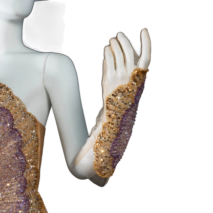 The Asala – gold sequin strapless A-line evening gown with gloves | Riviera Couture