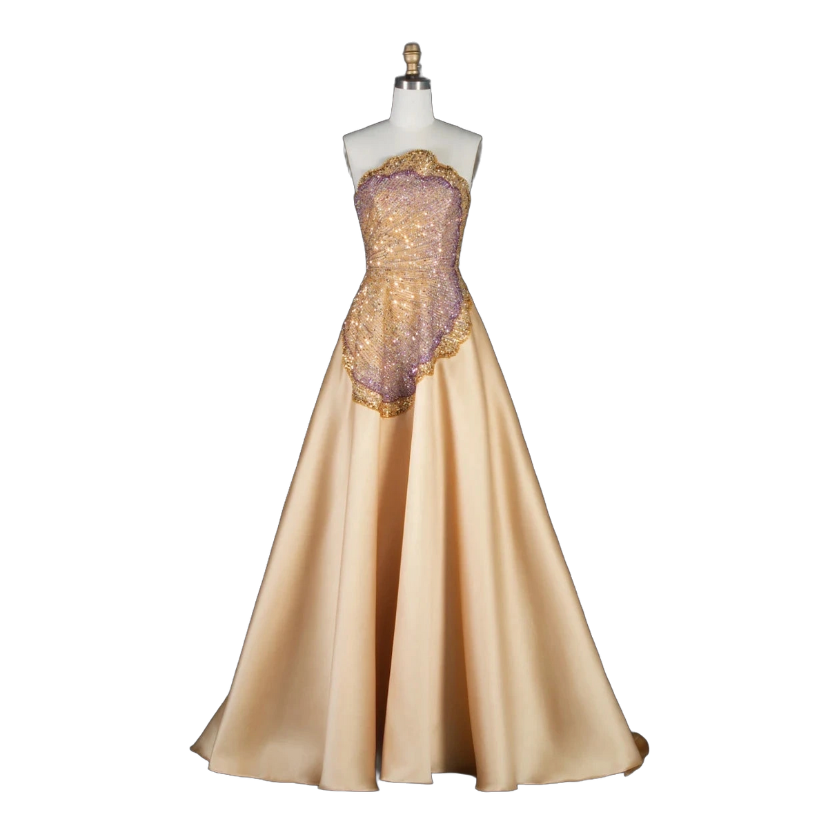 The Asala – gold sequin strapless A-line evening gown with gloves | Riviera Couture
