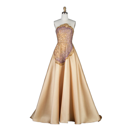 The Asala – gold sequin strapless A-line evening gown with gloves | Riviera Couture