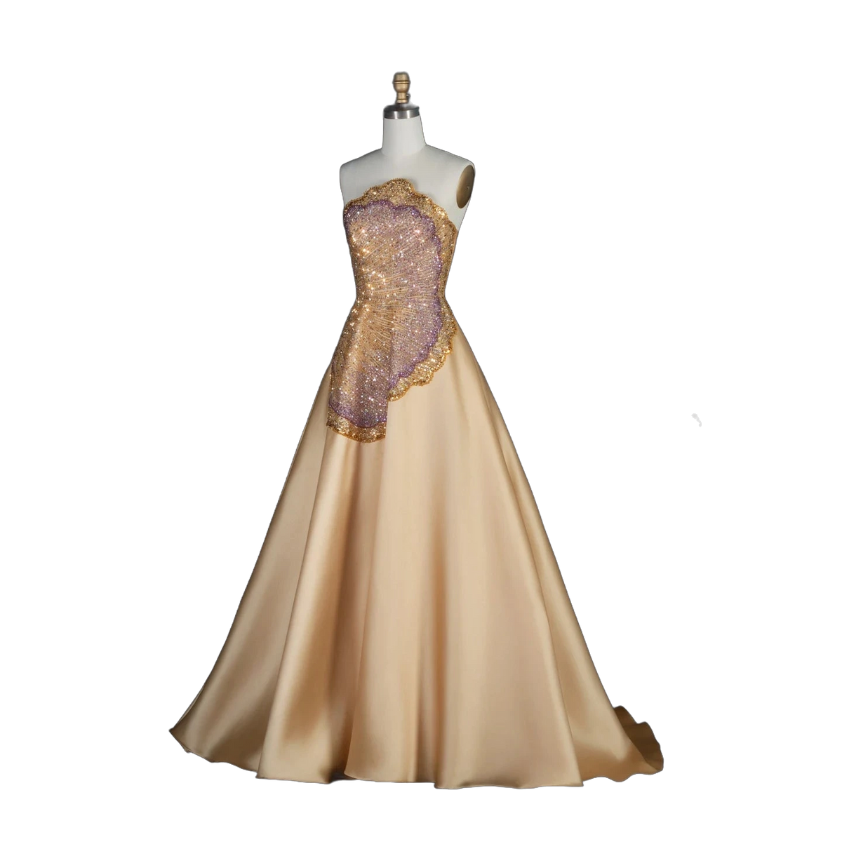 The Asala – gold sequin strapless A-line evening gown with gloves | Riviera Couture