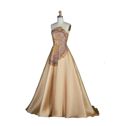 The Asala – gold sequin strapless A-line evening gown with gloves | Riviera Couture