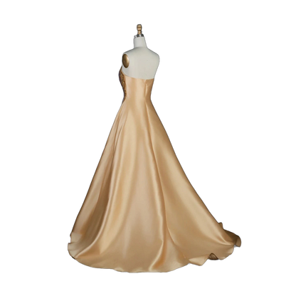 The Asala – gold sequin strapless A-line evening gown with gloves | Riviera Couture