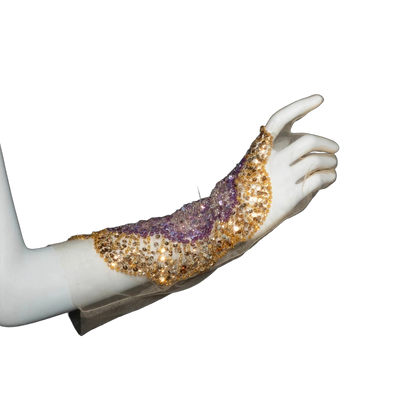 The Asala – gold sequin strapless A-line evening gown with gloves | Riviera Couture