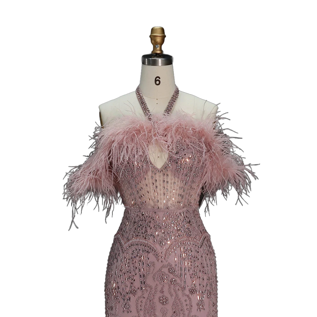 The Rafeef – beaded off-shoulder feather evening gown | Riviera Couture