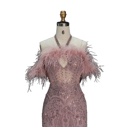 The Rafeef – beaded off-shoulder feather evening gown | Riviera Couture