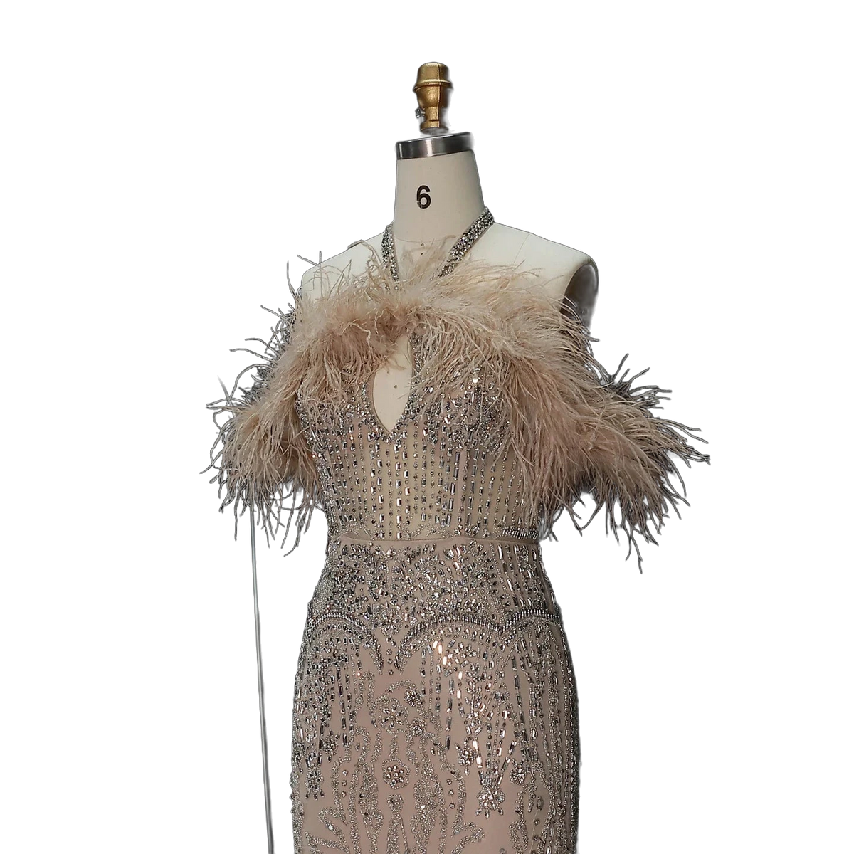 The Rafeef – beaded off-shoulder feather evening gown | Riviera Couture