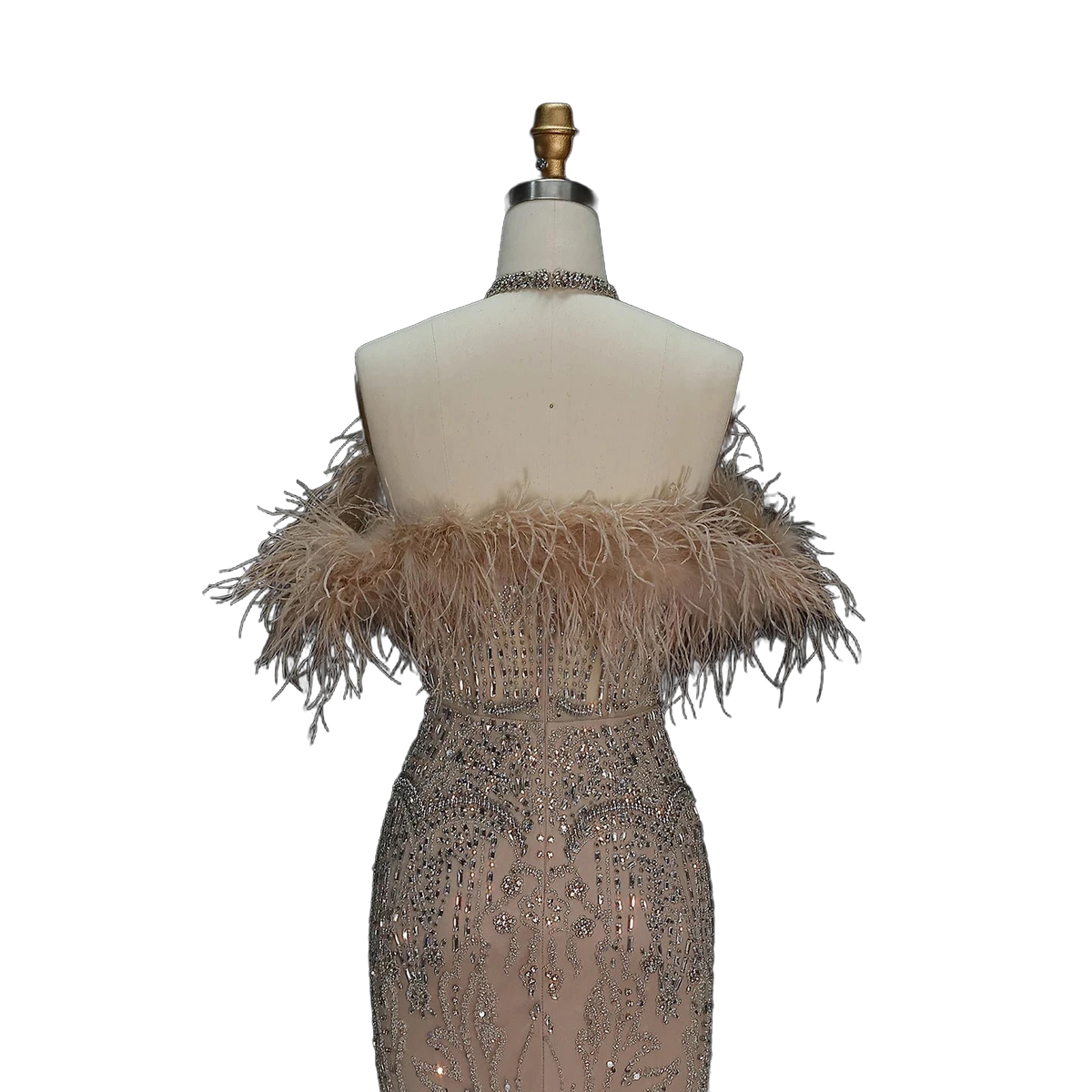 The Rafeef – beaded off-shoulder feather evening gown | Riviera Couture