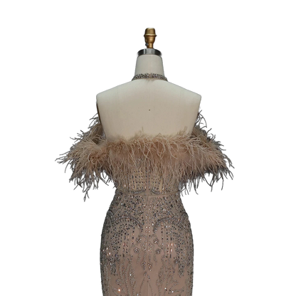 The Rafeef – beaded off-shoulder feather evening gown | Riviera Couture