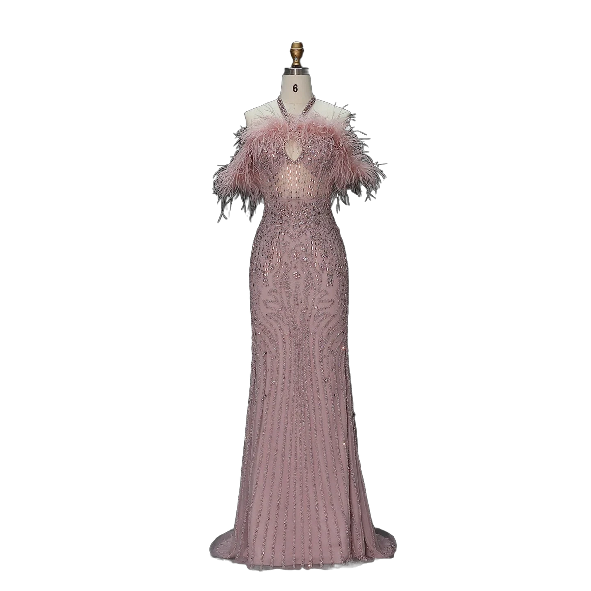 The Rafeef in pink – beaded off-shoulder feather evening gown | Riviera Couture