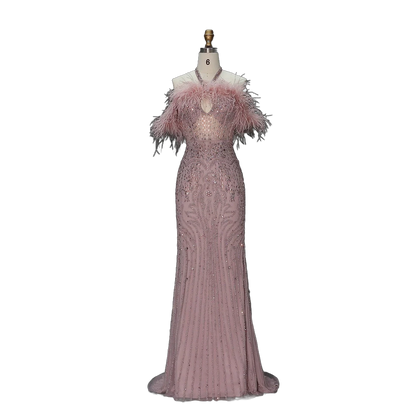 The Rafeef in pink – beaded off-shoulder feather evening gown | Riviera Couture