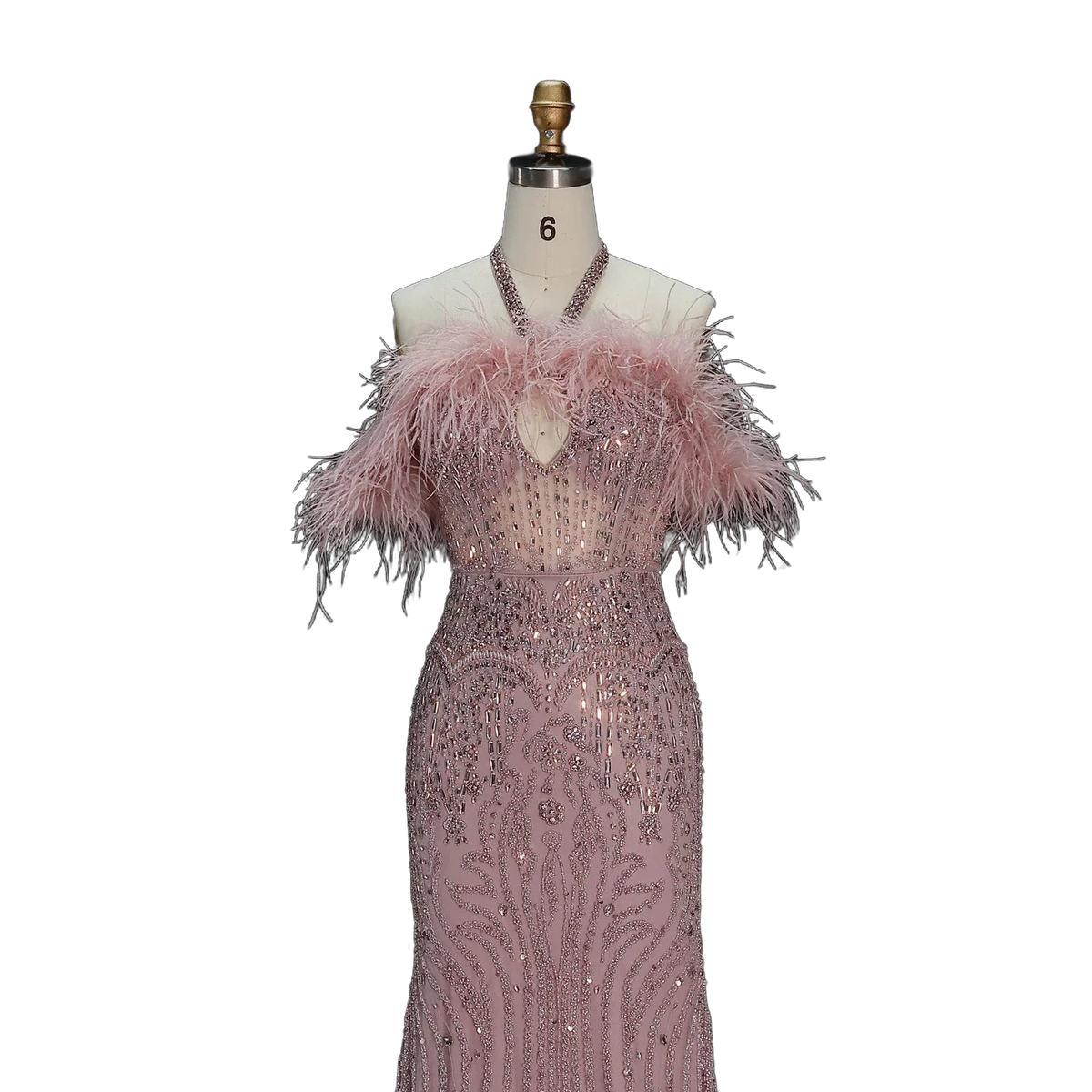 The Rafeef – beaded off-shoulder feather evening gown | Riviera Couture