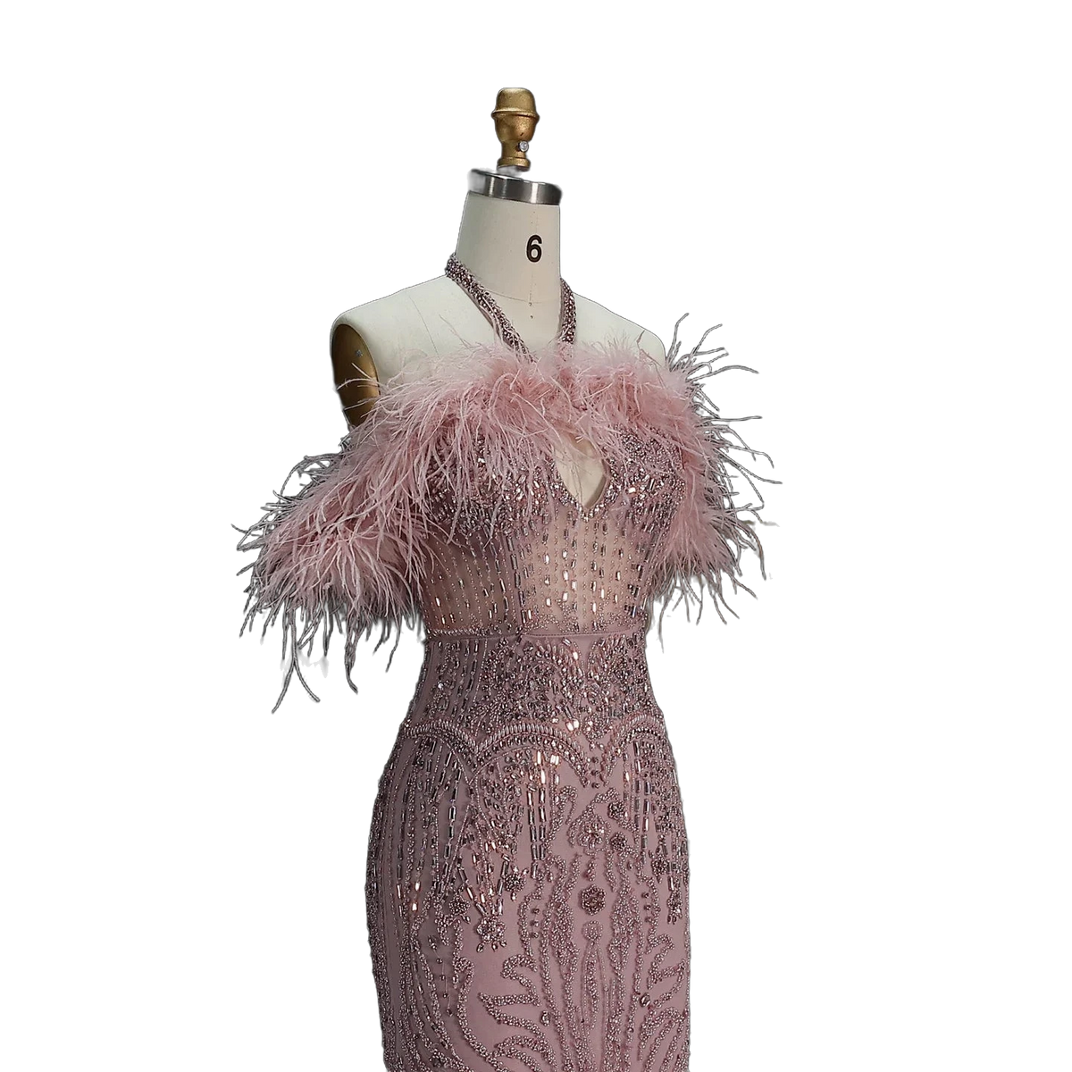 The Rafeef – beaded off-shoulder feather evening gown | Riviera Couture