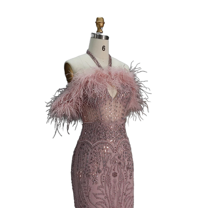 The Rafeef – beaded off-shoulder feather evening gown | Riviera Couture