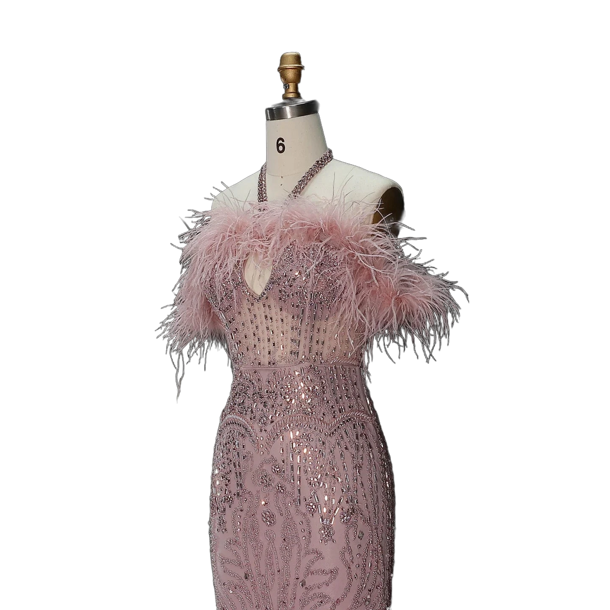 The Rafeef – beaded off-shoulder feather evening gown | Riviera Couture