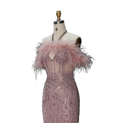 The Rafeef – beaded off-shoulder feather evening gown | Riviera Couture