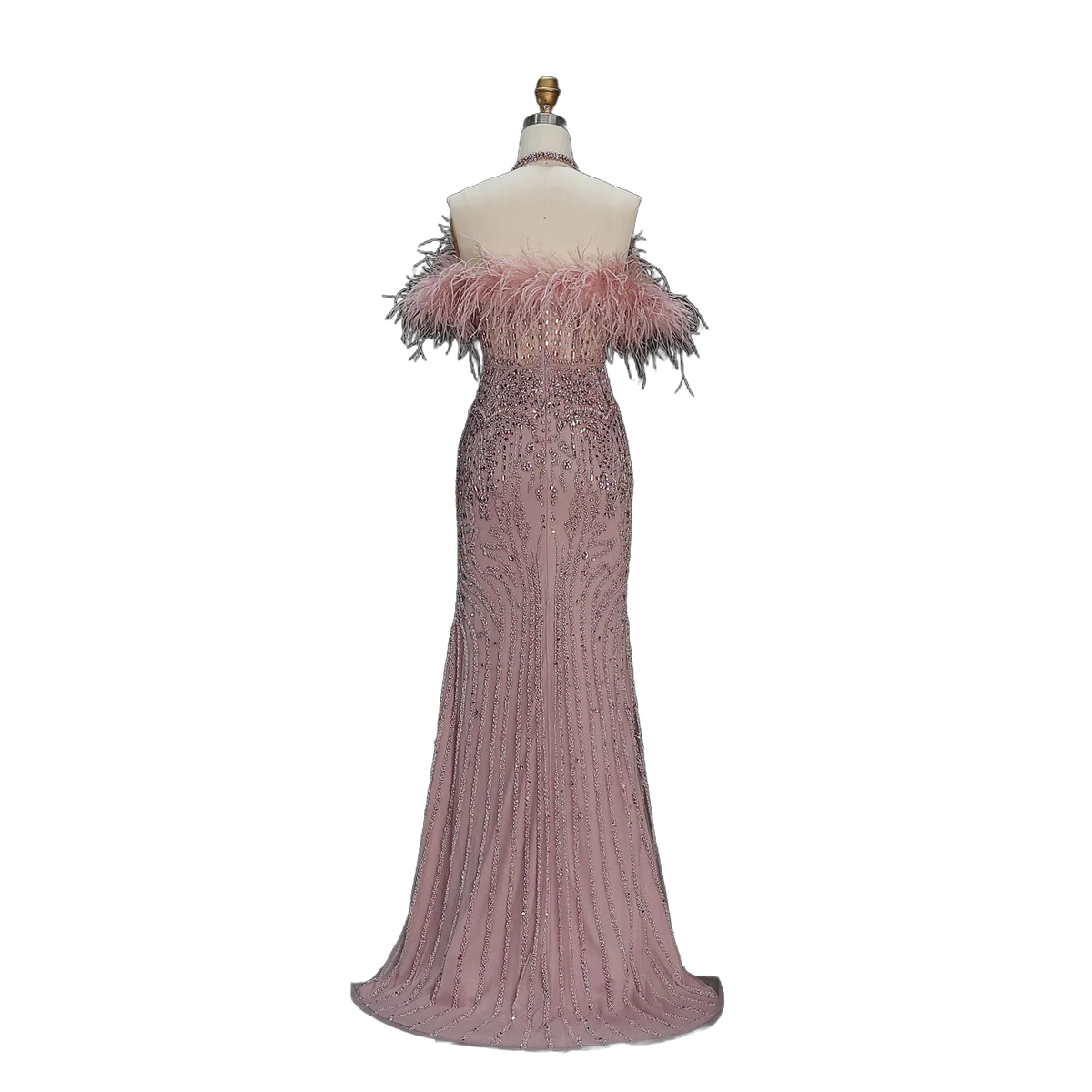 The Rafeef – beaded off-shoulder feather evening gown | Riviera Couture