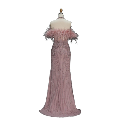 The Rafeef – beaded off-shoulder feather evening gown | Riviera Couture