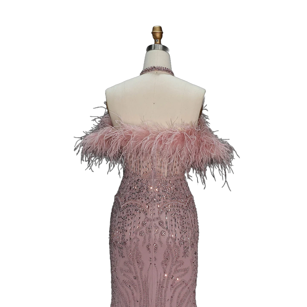 The Rafeef – beaded off-shoulder feather evening gown | Riviera Couture