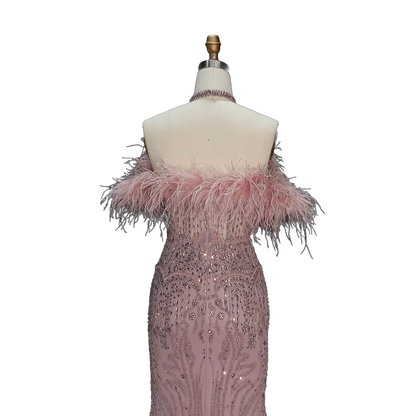 The Rafeef – beaded off-shoulder feather evening gown | Riviera Couture
