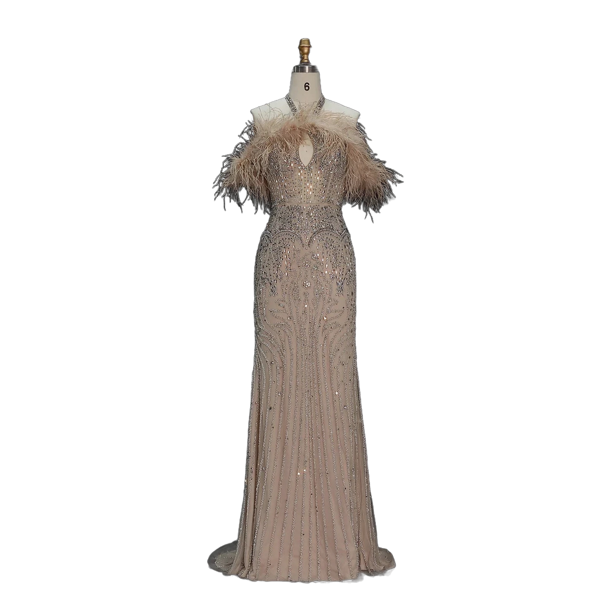 The Rafeef in champagne – beaded off-shoulder feather evening gown | Riviera Couture