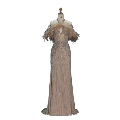 The Rafeef in champagne – beaded off-shoulder feather evening gown | Riviera Couture