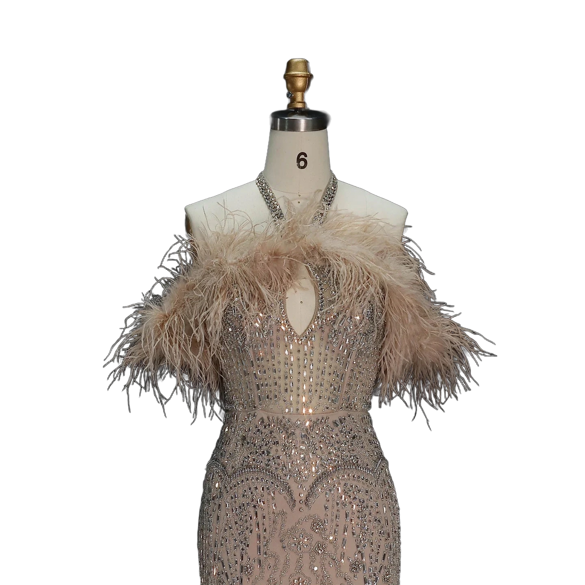 The Rafeef – beaded off-shoulder feather evening gown | Riviera Couture