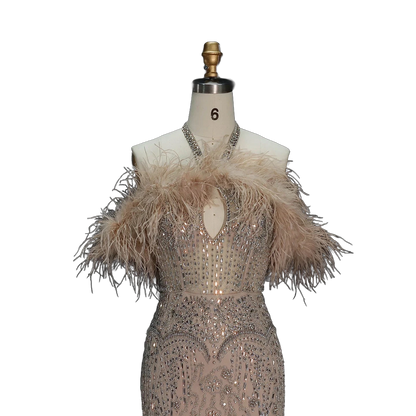 The Rafeef – beaded off-shoulder feather evening gown | Riviera Couture