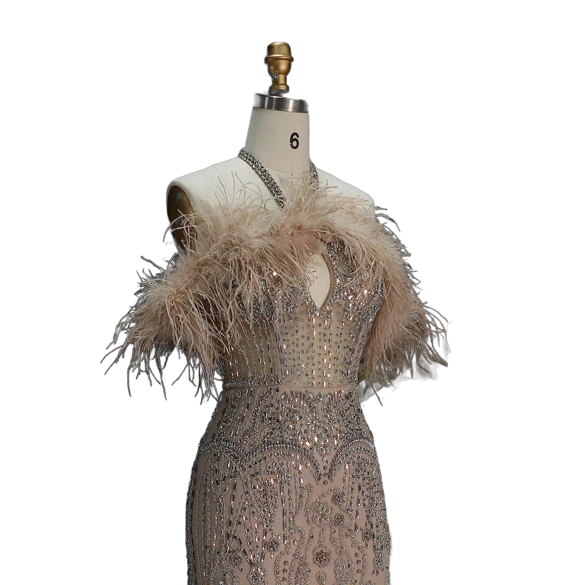 The Rafeef – beaded off-shoulder feather evening gown | Riviera Couture