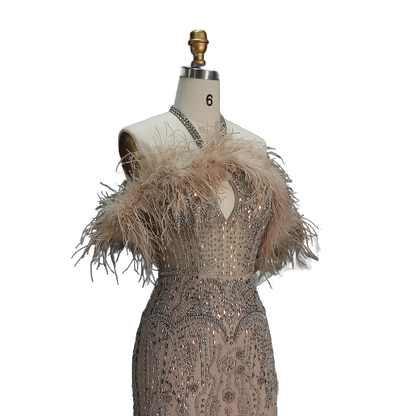 The Rafeef – beaded off-shoulder feather evening gown | Riviera Couture
