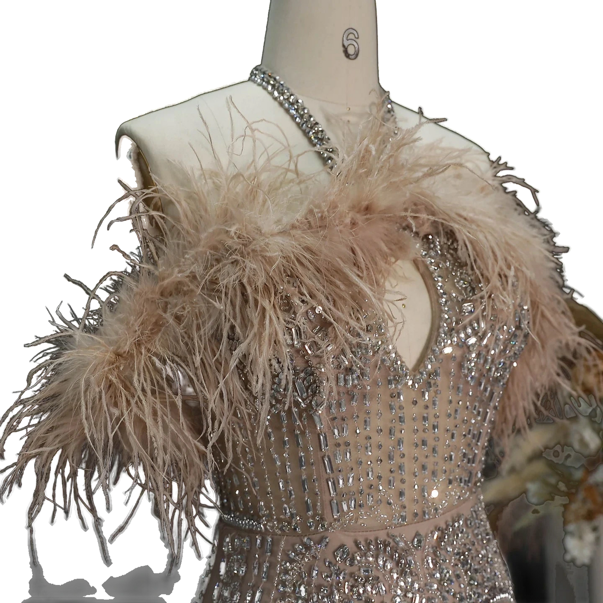 The Rafeef – beaded off-shoulder feather evening gown | Riviera Couture