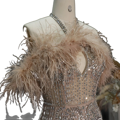 The Rafeef – beaded off-shoulder feather evening gown | Riviera Couture