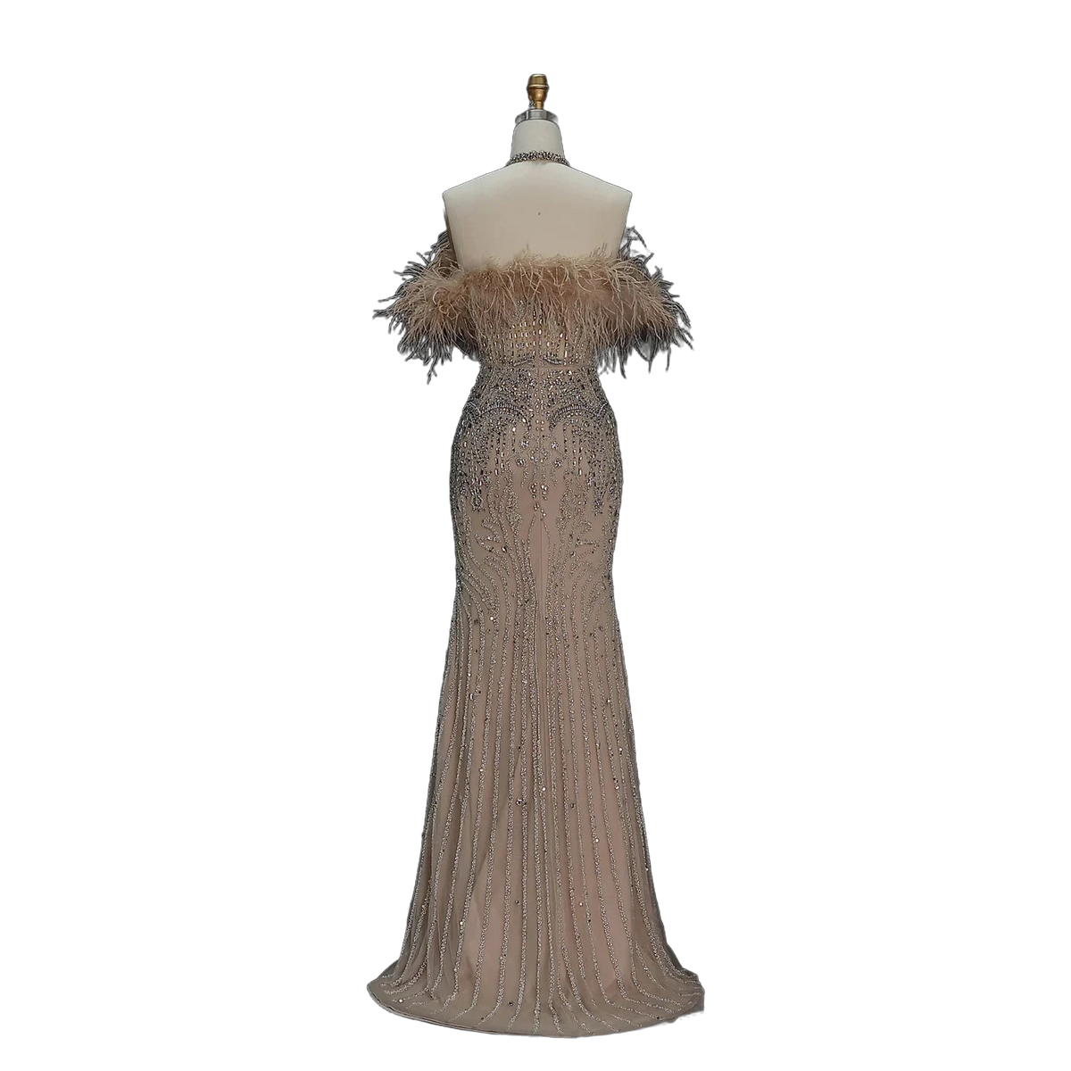 The Rafeef – beaded off-shoulder feather evening gown | Riviera Couture