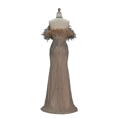 The Rafeef – beaded off-shoulder feather evening gown | Riviera Couture