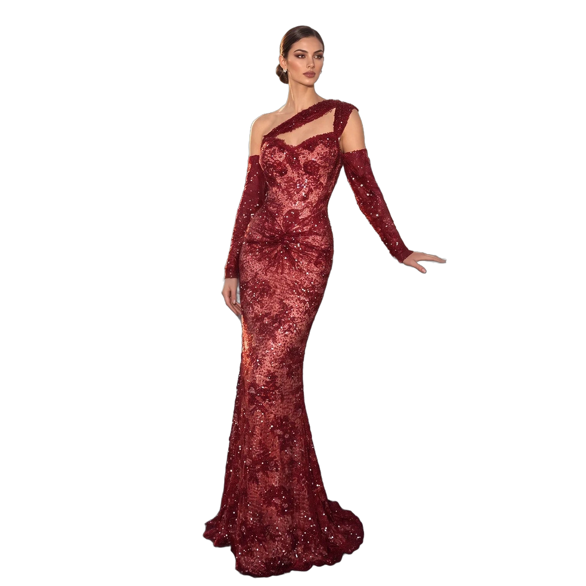 The Jumana – wine red lace one-shoulder mermaid evening gown | Riviera Couture